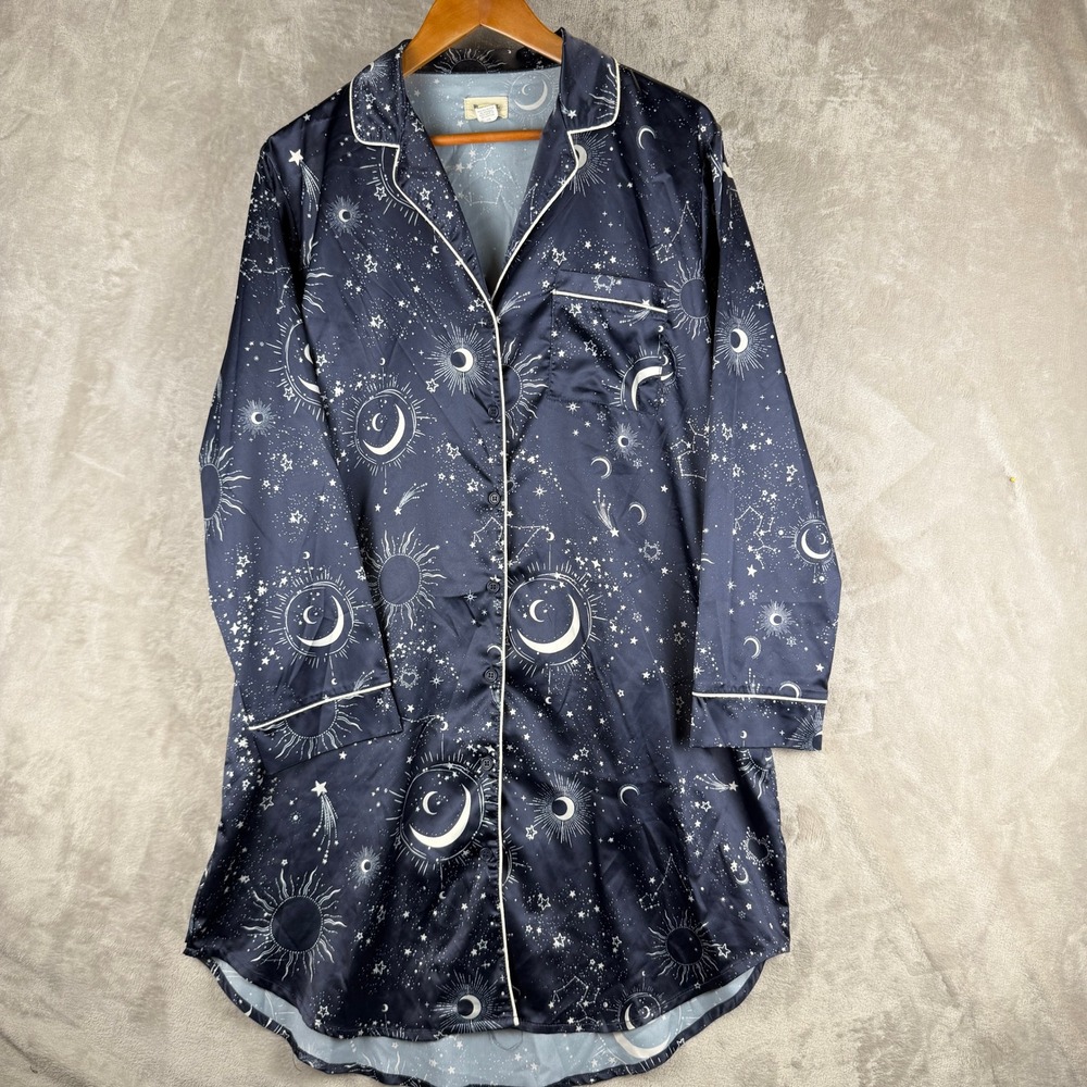 World Market Navy Blue Celestial Moon Sun Satin Nightshirt Sleep Shirt L/XL